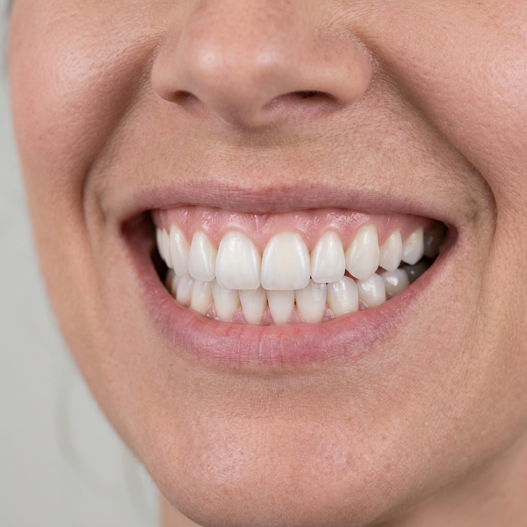 After veneers and whitening treatment — brilliant white, perfectly shaped smile