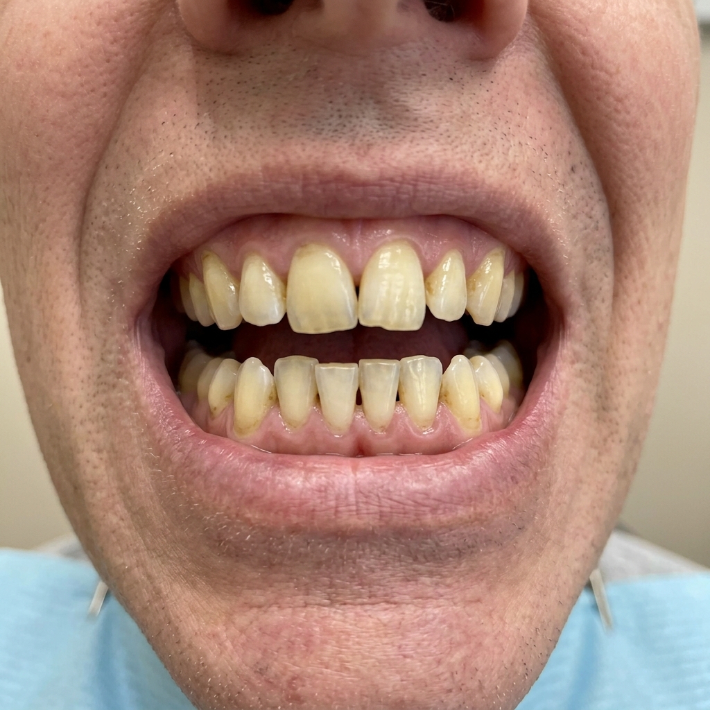 Before veneers and whitening treatment — discolored and uneven teeth